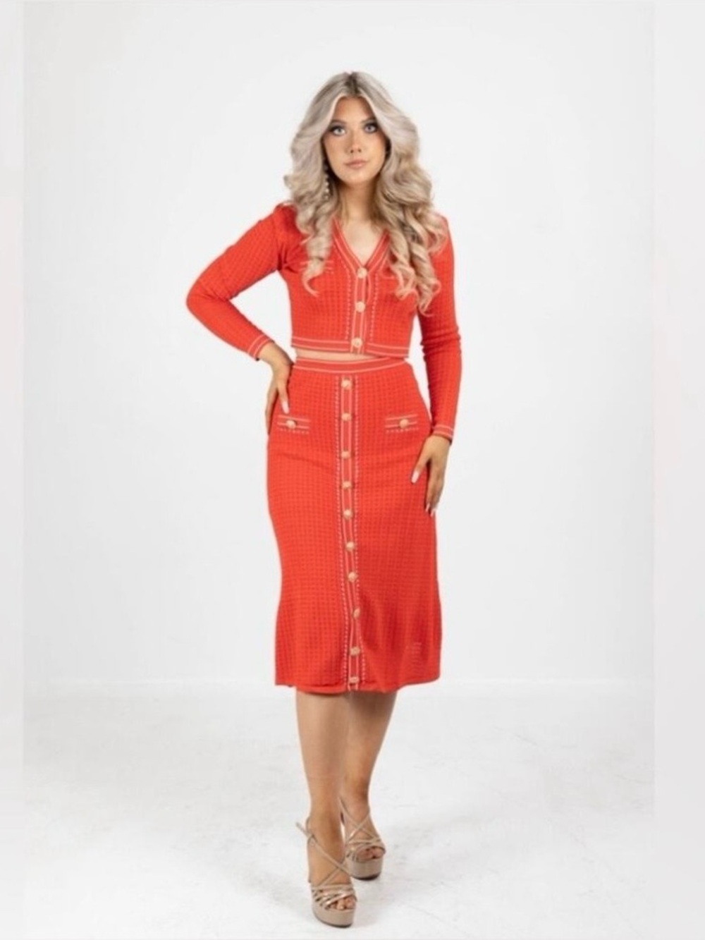 NWT L’atiste Red White Knit Gold Button Sweater Skirt Matching Set Large New